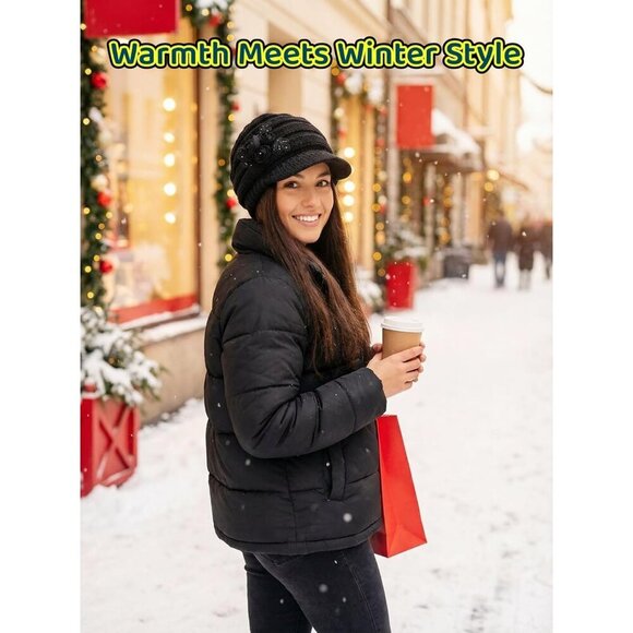 Women\'s Beautiful Style Crochet Black Flower Brim Knit Winter Warm Hat Cap